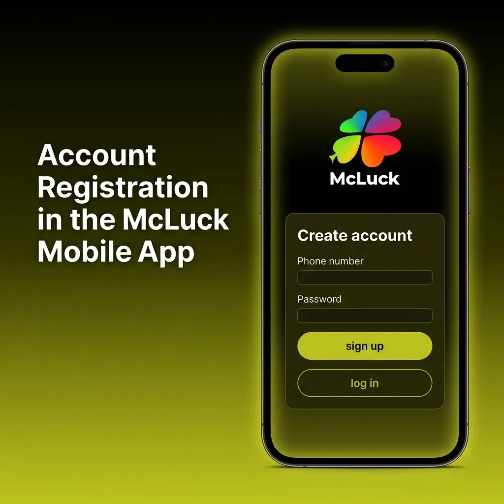 McLuck mobile app account registration steps on a phone screen with email, password, terms, and verification prompts