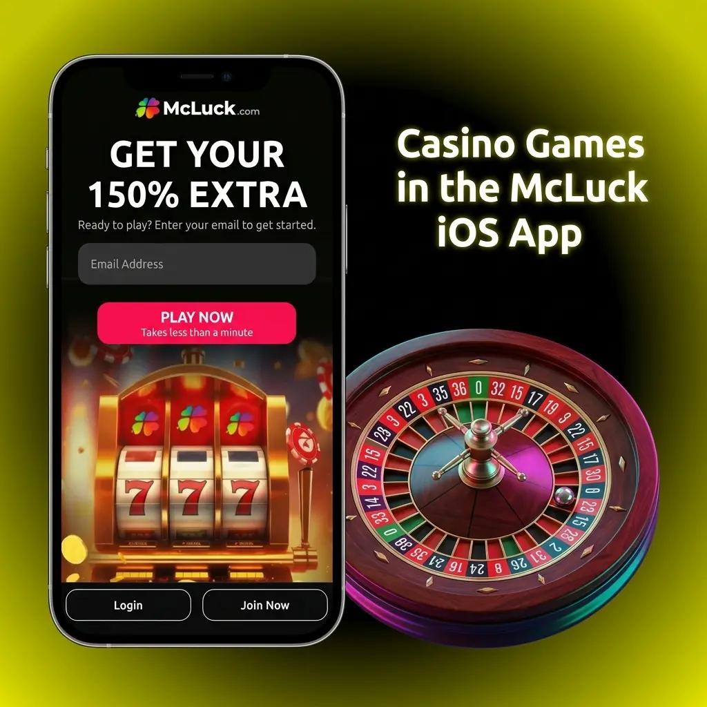 McLuck iOS app casino lobby showing slots, table games, live dealer titles, jackpots, and instant win games