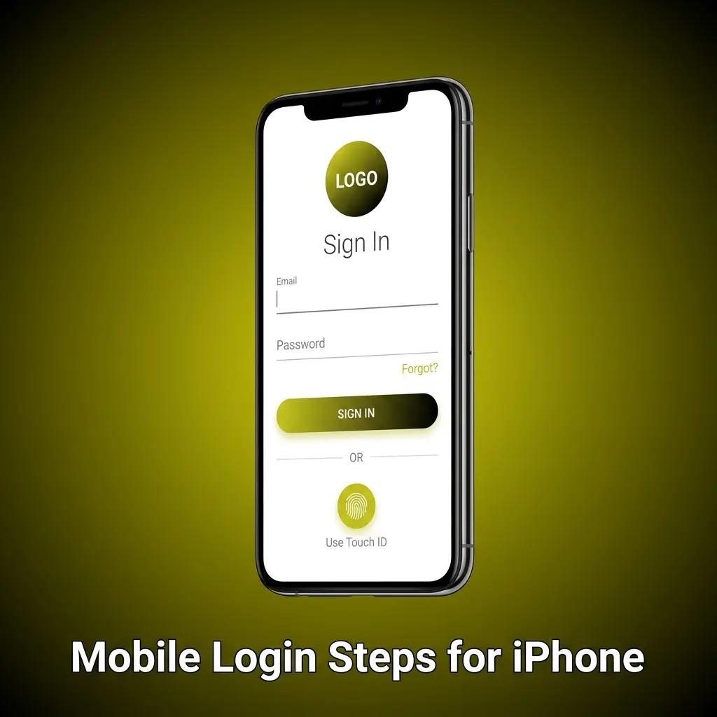 iPhone mobile casino login steps with Safari access, email and password fields, and verification prompt