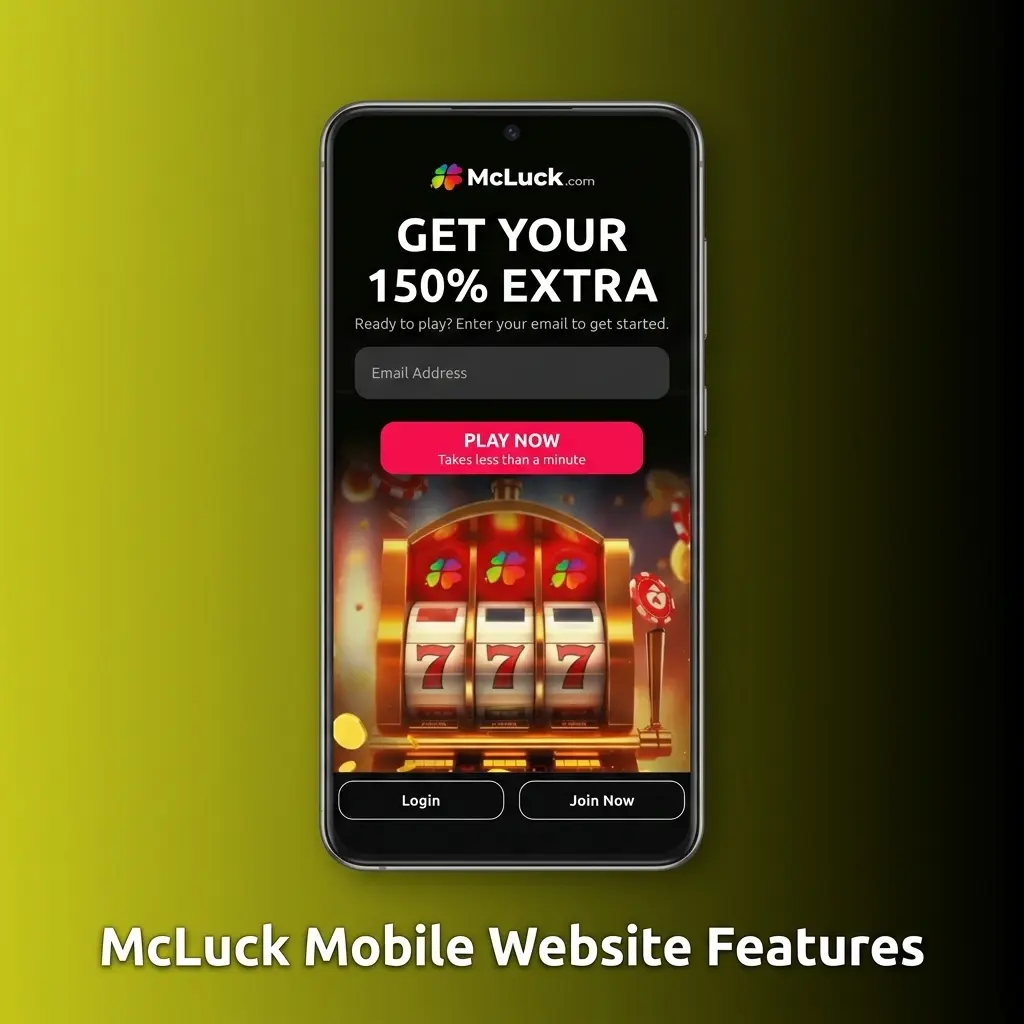 McLuck mobile website showing casino games, promotions, account balance, live chat, and redemption features