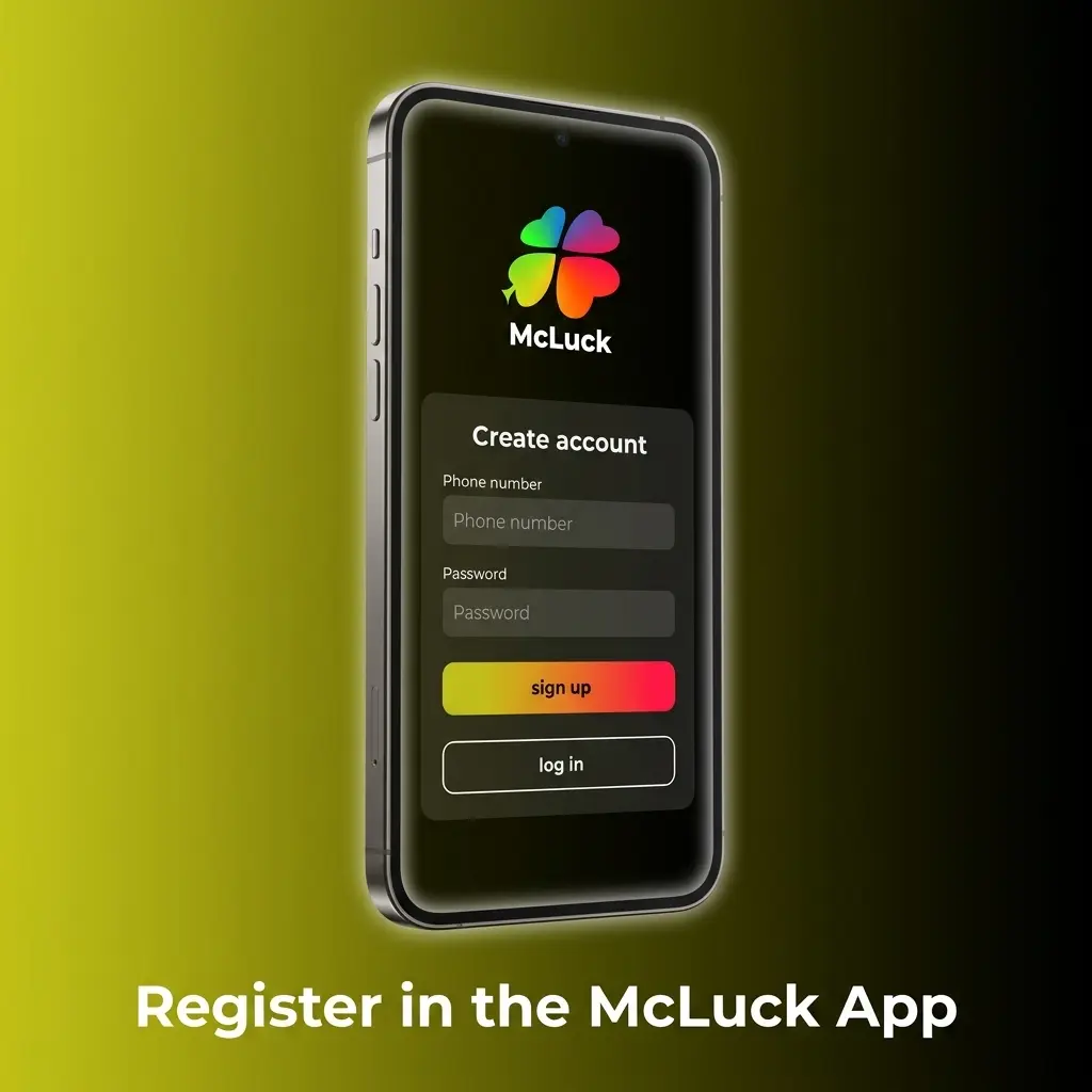 McLuck app registration steps with email signup, account details, policy acceptance, and bonus claim